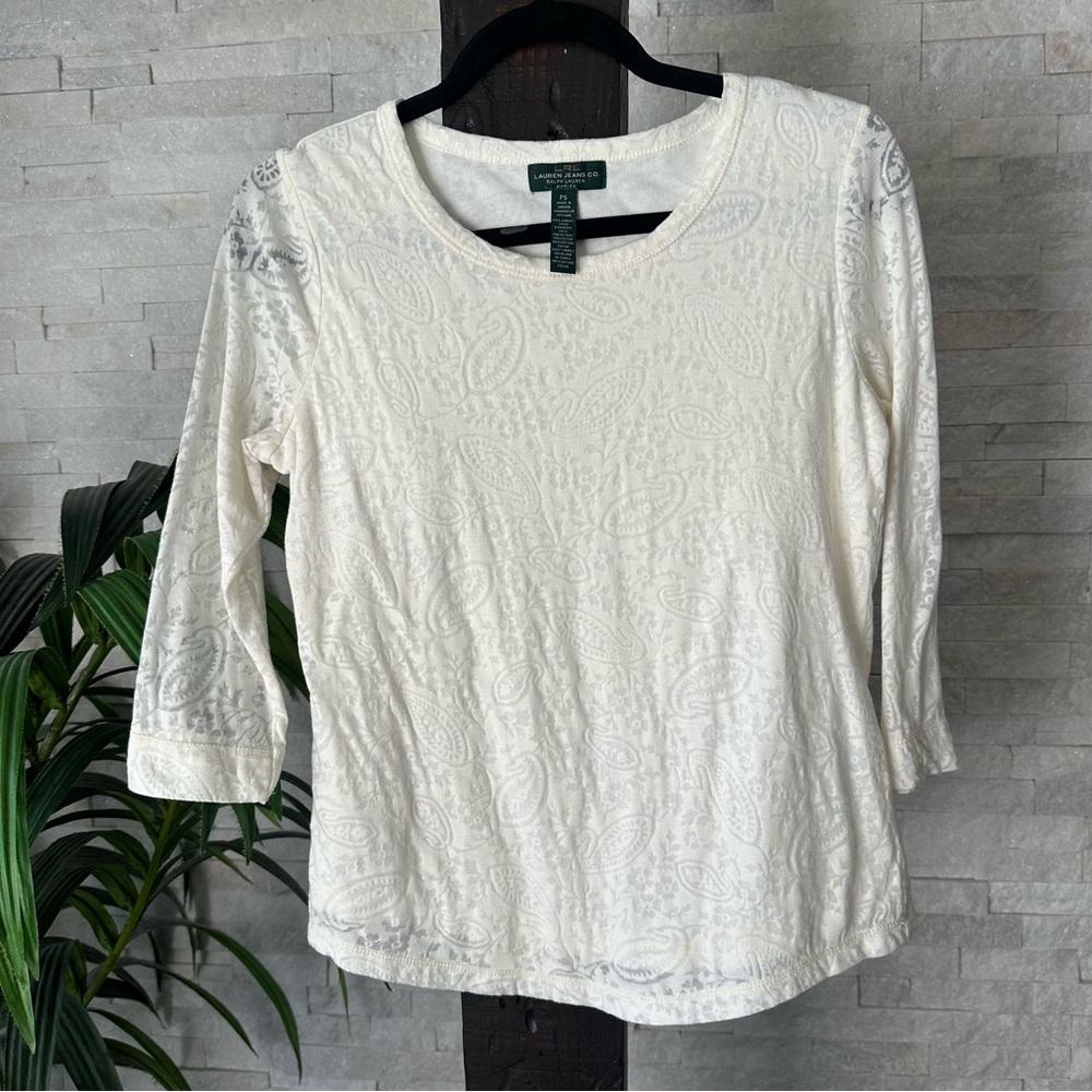 Ralph Lauren Cream Floral Paisley Semi Sheer Sleeve Blouse Size Small Petite